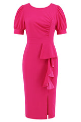 Puff Sleeve Ruffle Slit Bodycon Midi Dress