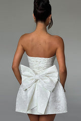 Jacquard Print Tube Back Bow Mini Dress