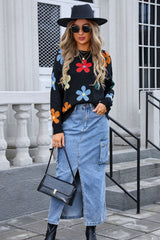 Flower Round Neck Long Sleeve Sweater | Dress In Beauty