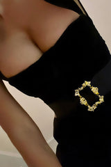 Solid Metallic Buckle Belted Mini Dress