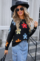 Flower Round Neck Long Sleeve Sweater | Dress In Beauty