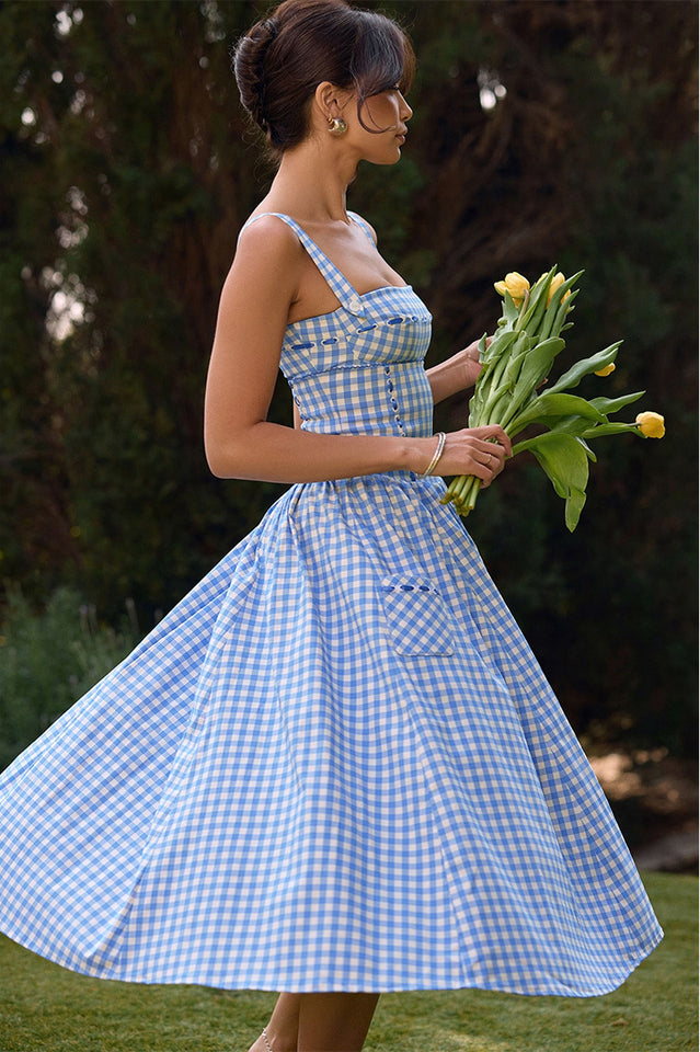 House of CB Womens Regatta Blue Vivien Gingham Stretch woven Midi Dress