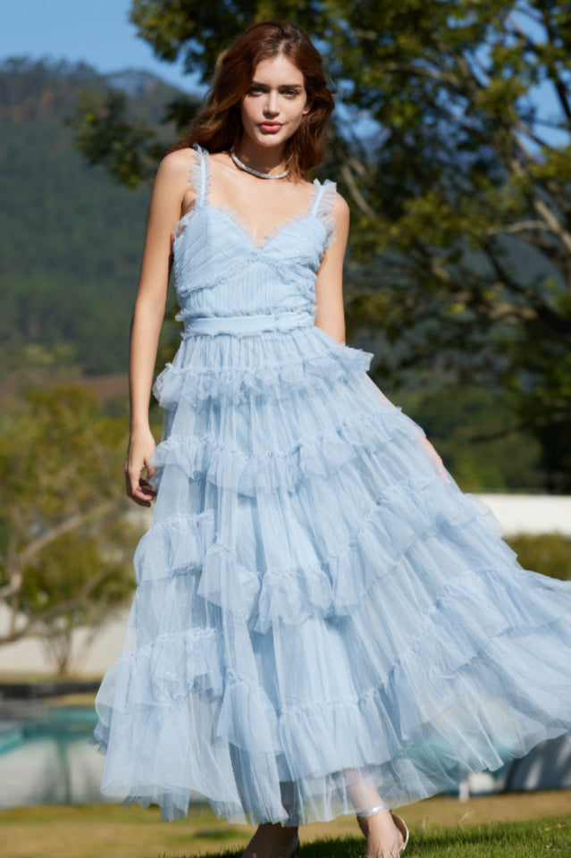 Ruffle V Neck Tiered Tulle Evening Dress | Dress In Beauty