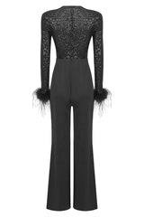 Sequin Feather-Trim Cuff Jumpsuit | Dress In Beauty