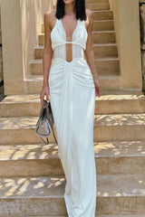 Halter Neck Pleated Hollow White Dress