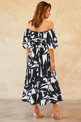 Printed Off Shoulder Balloon Sleeve Dress