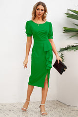 Puff Sleeve Ruffle Slit Bodycon Midi Dress