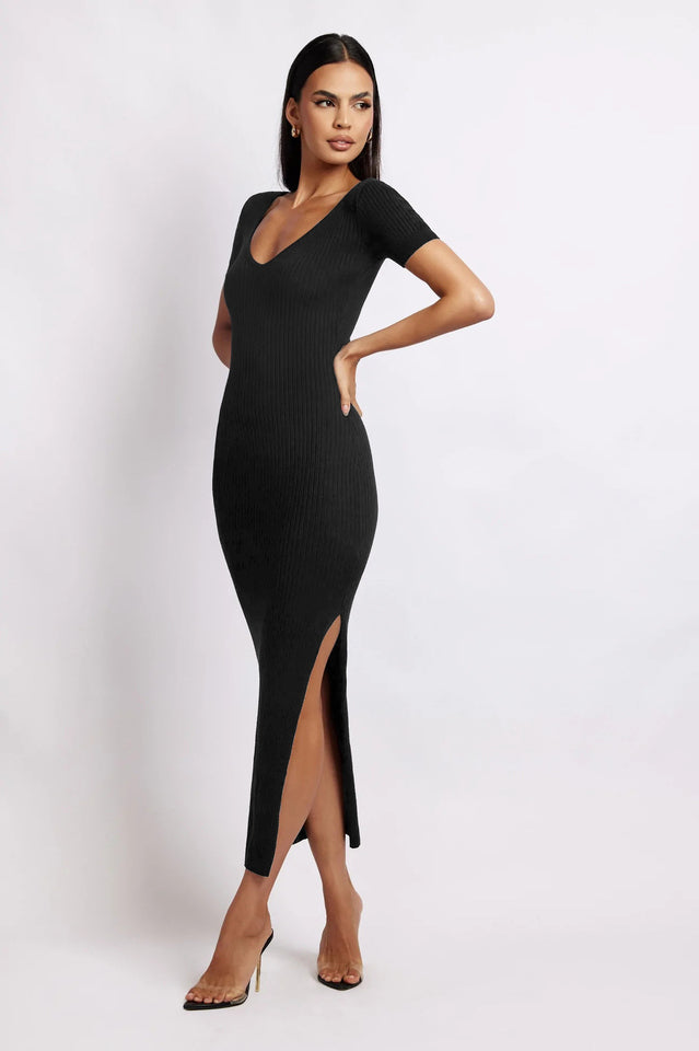 Maroon V-Neck Slit Bodycon Dress | Dress In Beauty