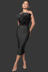Parry Feather Strapless Midi Bandage Dress