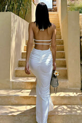 Halter Neck Pleated Hollow White Dress