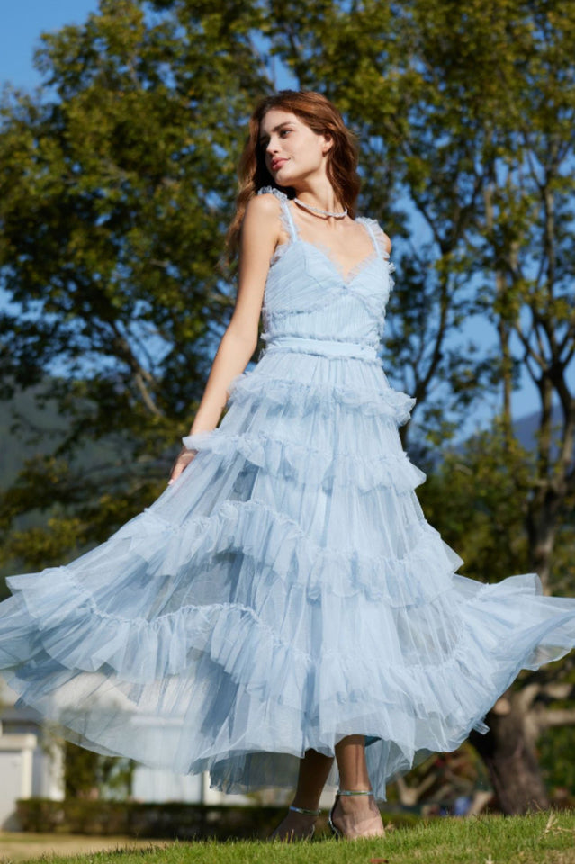 Ruffle V Neck Tiered Tulle Evening Dress | Dress In Beauty