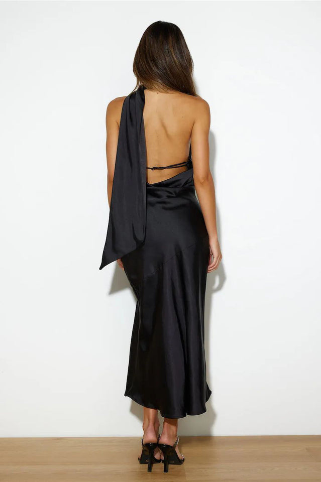 slinky open back dress PrettyLittleThing Women's Double Layer Slinky Open Back Drape Maxi Dress in Black