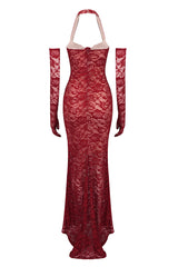 Marjorie Red Rose Lace Halter Maxi Dress