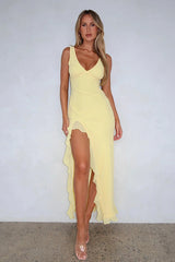 V-Neck Ruffle Hem Slit Dress