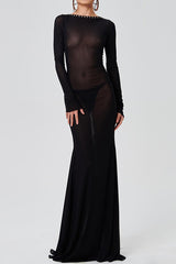 Sheer Backless Long Sleeve Dress