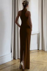 Golden Bead Trim Halter Sheath Dress