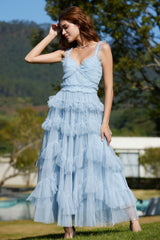 Ruffle V Neck Tiered Tulle Evening Dress | Dress In Beauty