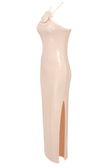 Glitter Rosette Halter Sequined Maxi Dress