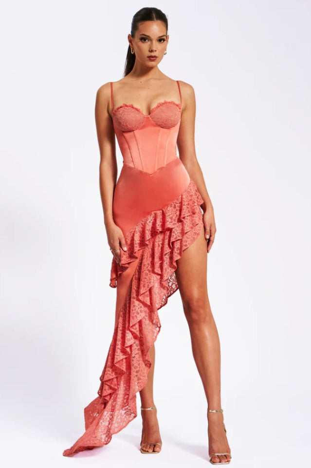 Zaira Coral Lace Satin Corset Dress | Dress In Beauty