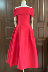 Vivian Off Shoulder Flare Satin Midi Dress