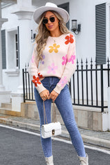 Flower Round Neck Long Sleeve Sweater | Dress In Beauty