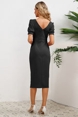 Puff Sleeve Ruffle Slit Bodycon Midi Dress