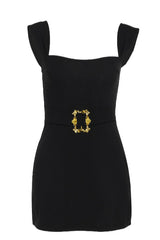 Solid Metallic Buckle Belted Mini Dress