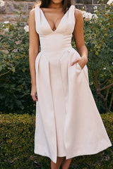 Deep V Neck Cinch Waist Satin Midi Dress