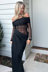 Off-Shoulder Mesh Hollow-Out Bodycon Dress