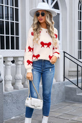 Bow Round Neck Dropped Shoulder Sweater