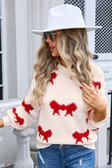 Bow Round Neck Dropped Shoulder Sweater