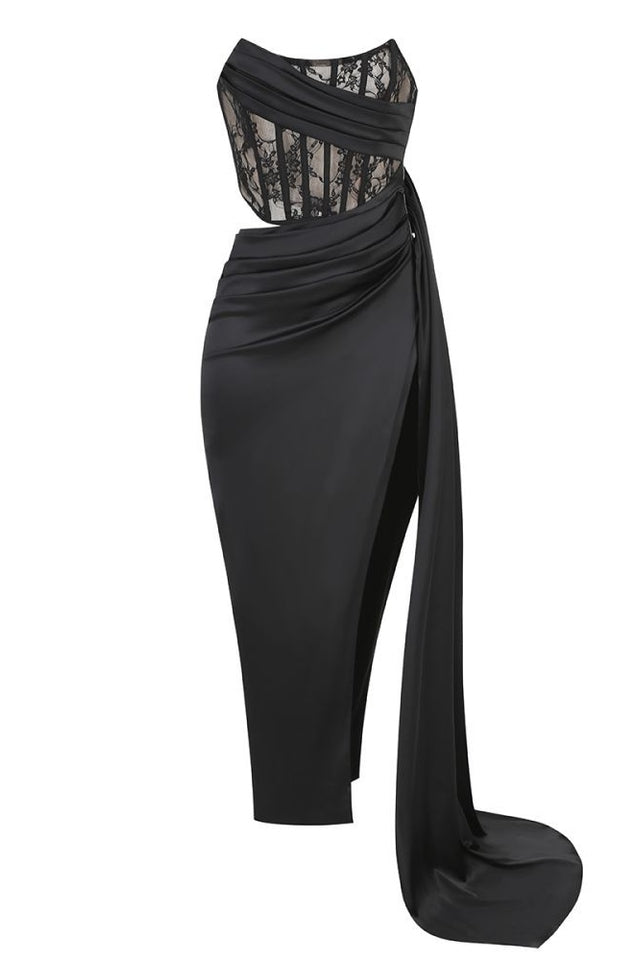 Callie Lace Satin Corset High Slit Gown | Dress In Beauty