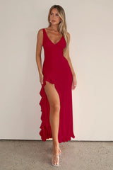 V-Neck Ruffle Hem Slit Dress