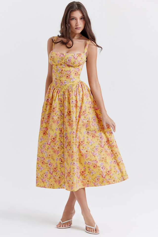 Tatiana Yellow Floral Print Midi Dress | Dress In Beauty