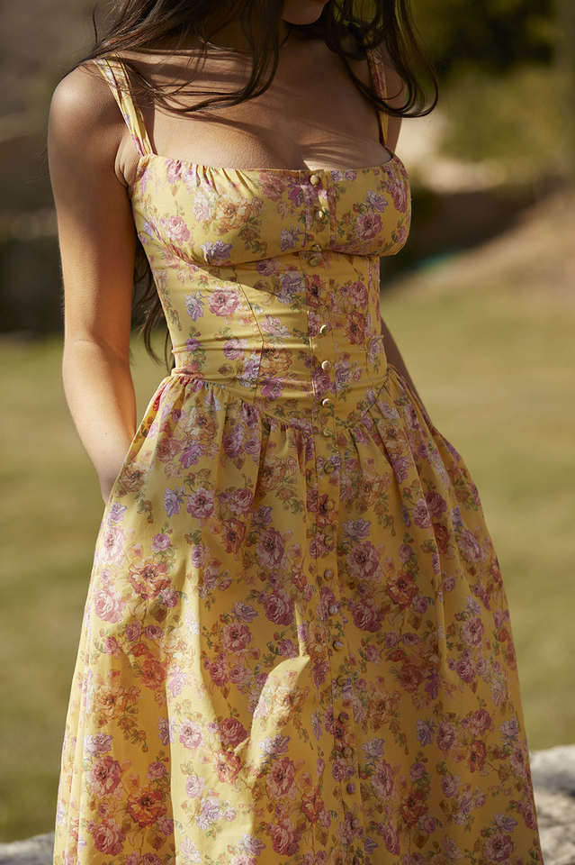 Tatiana Yellow Floral Print Midi Dress | Dress In Beauty