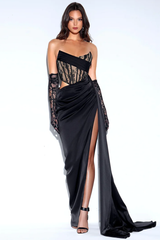 Callie Lace Satin Corset High Slit Gown | Dress In Beauty