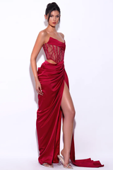 Callie Lace Satin Corset High Slit Gown | Dress In Beauty
