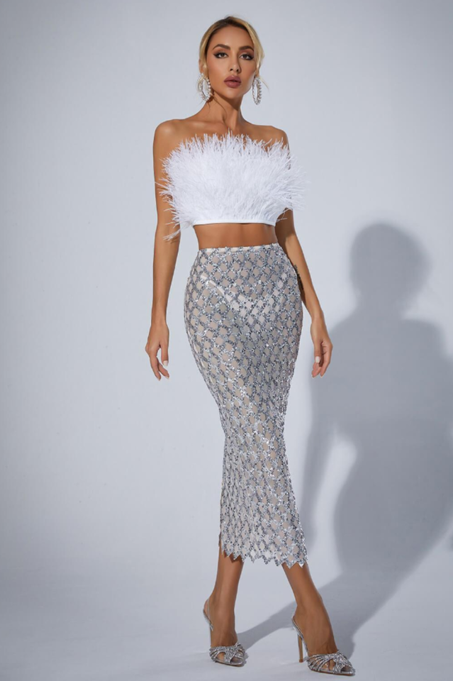 Ansley Strapless Feather Mesh Skirt Set | Dress In Beauty