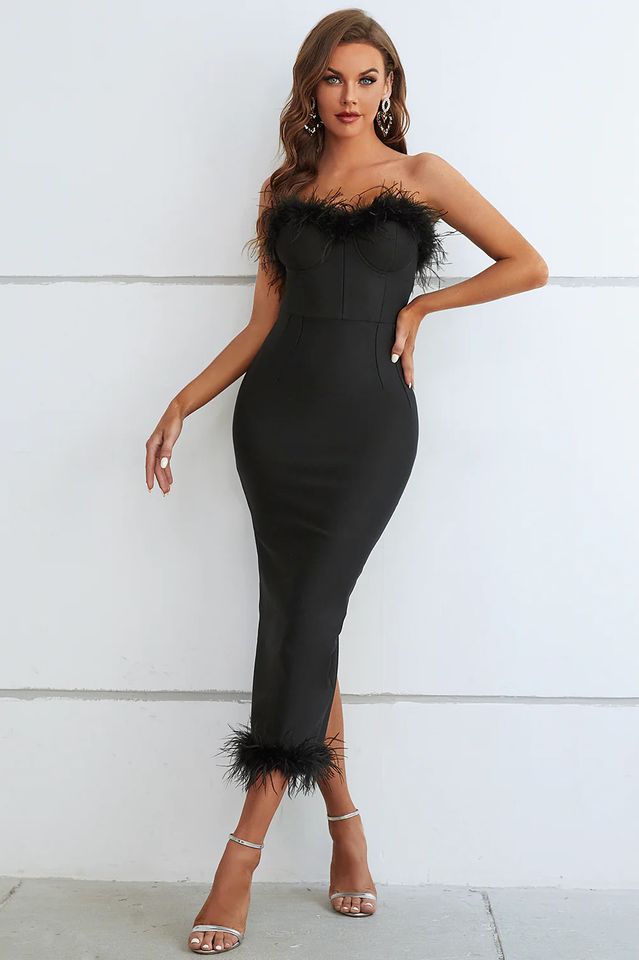 Sachi Strapless Feather Midi Evening Dress | Dress In Beauty