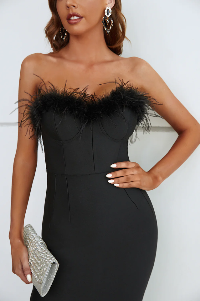 Sachi Strapless Feather Midi Evening Dress | Dress In Beauty