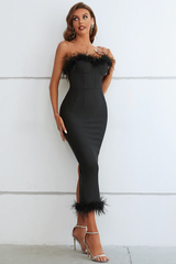 Sachi Strapless Feather Midi Evening Dress | Dress In Beauty