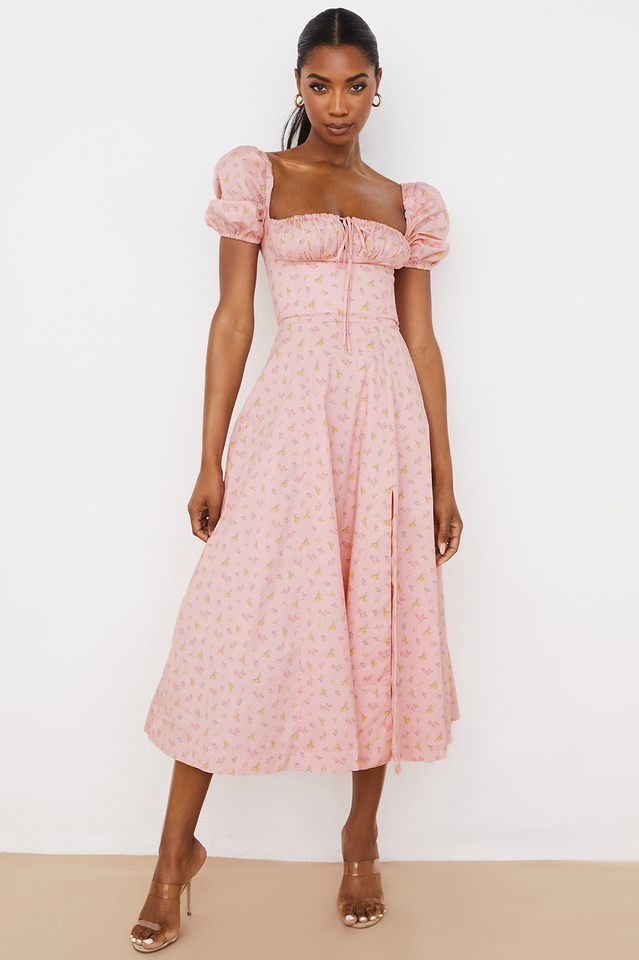 Pink Printed Puff Sleeve Midi Dress | Dress In Beauty