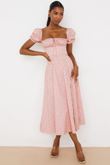 Pink Printed Puff Sleeve Midi Dress | Dress In Beauty