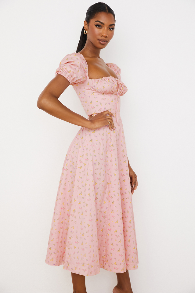 Pink Printed Puff Sleeve Midi Dress | Dress In Beauty