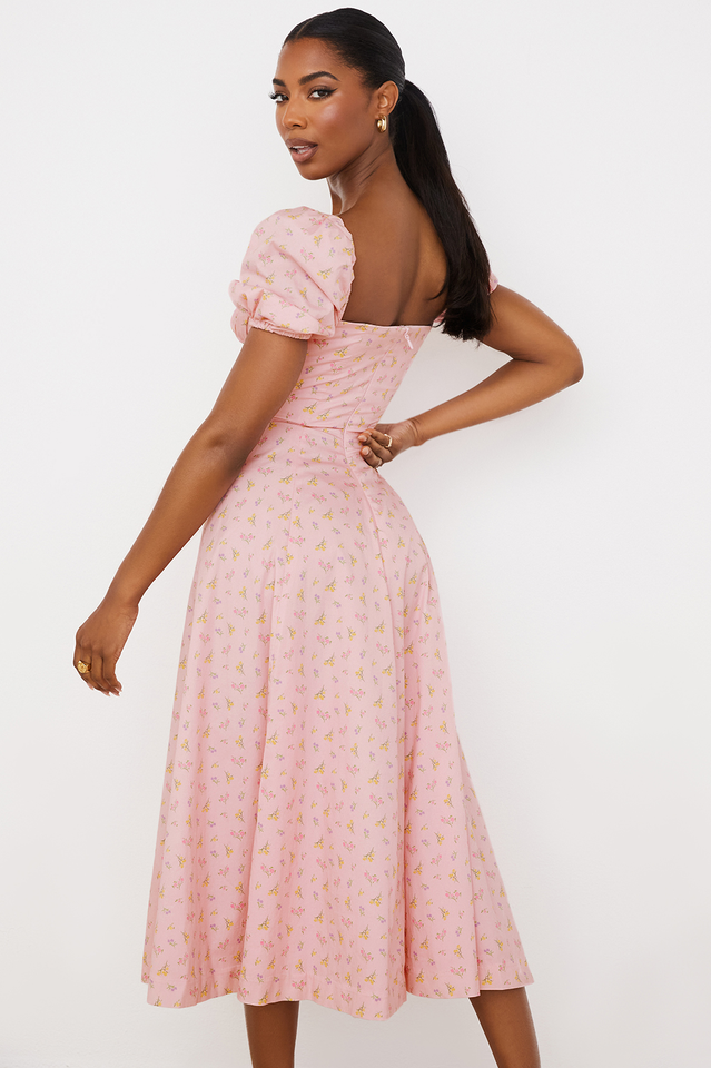 Pink Printed Puff Sleeve Midi Dress | Dress In Beauty