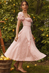Pink Printed Puff Sleeve Midi Dress | Dress In Beauty