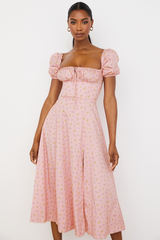 Pink Printed Puff Sleeve Midi Dress | Dress In Beauty