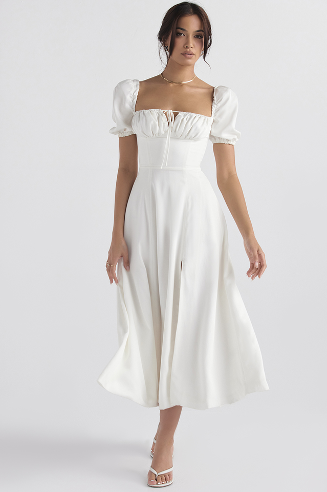 Tallulah White Puff Sleeve Midi Dress | Dress In Beauty