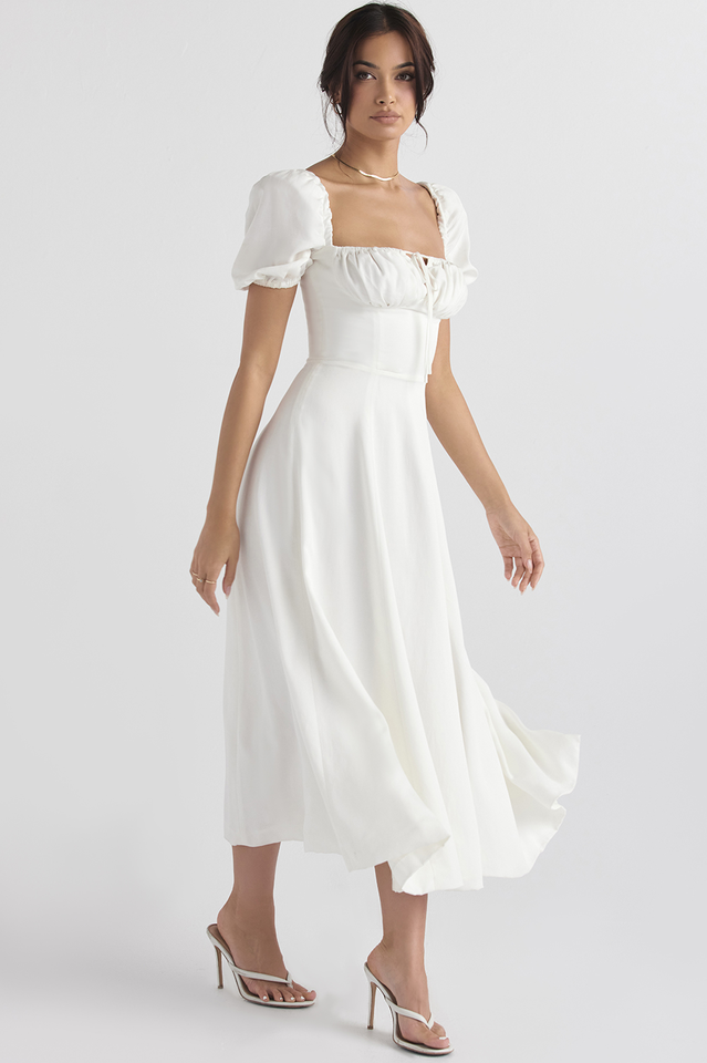 Tallulah White Puff Sleeve Midi Dress | Dress In Beauty