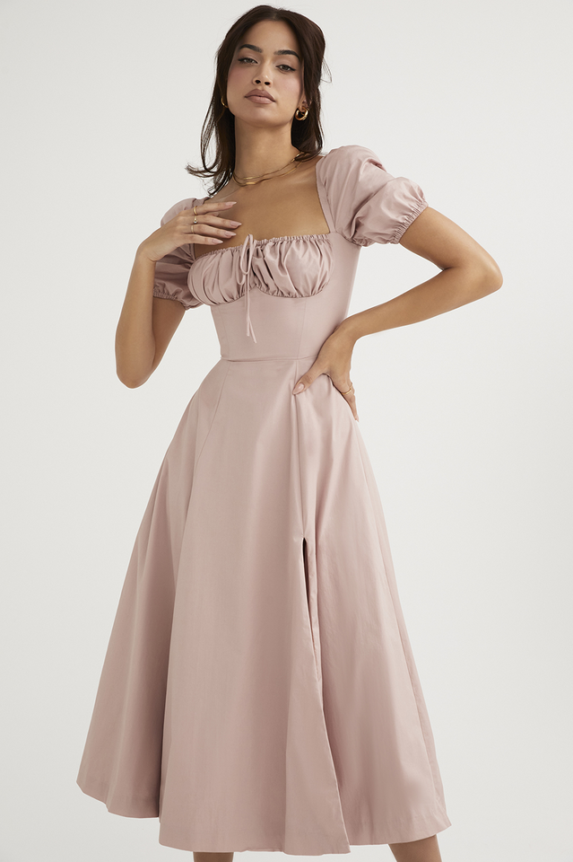 Rouge Pink Puff Sleeve Midi Dress | Dress In Beauty